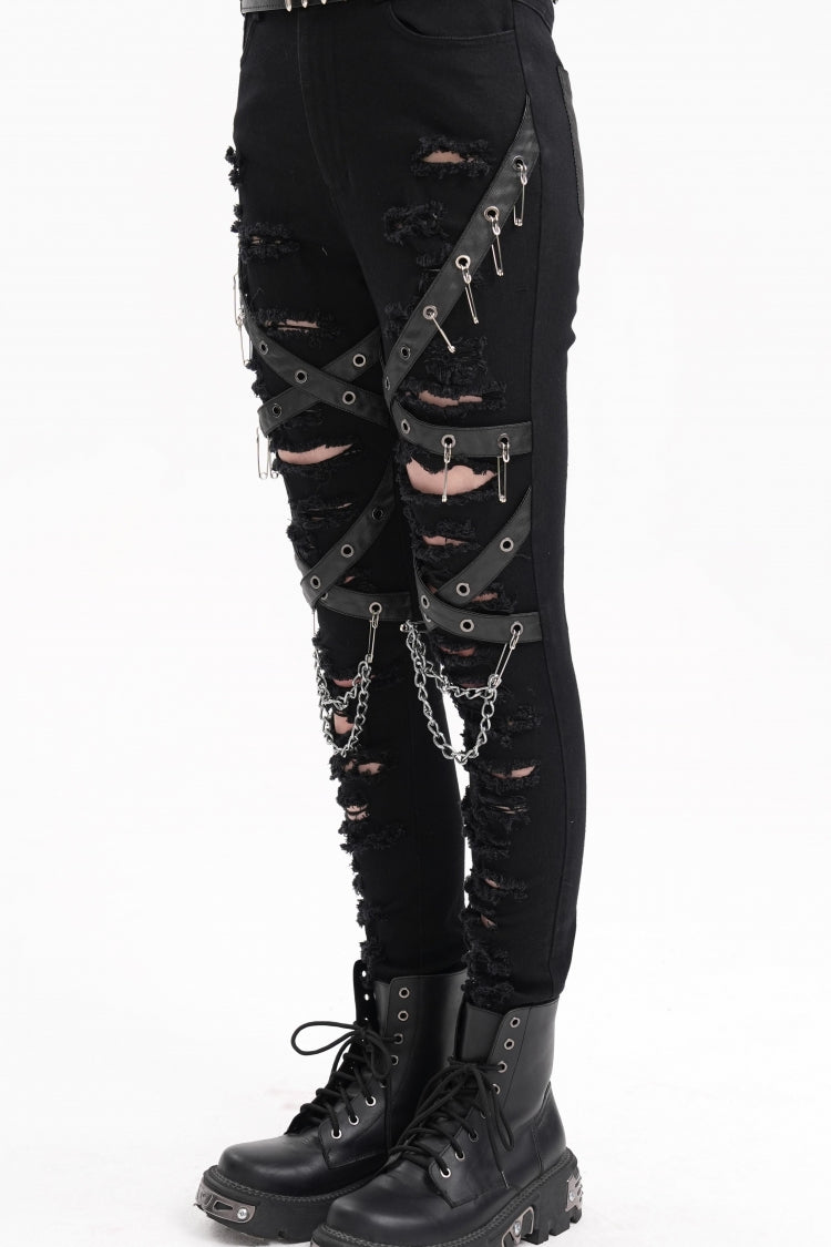 Punk Pants for Women with Ripped Mesh and Chain Detail