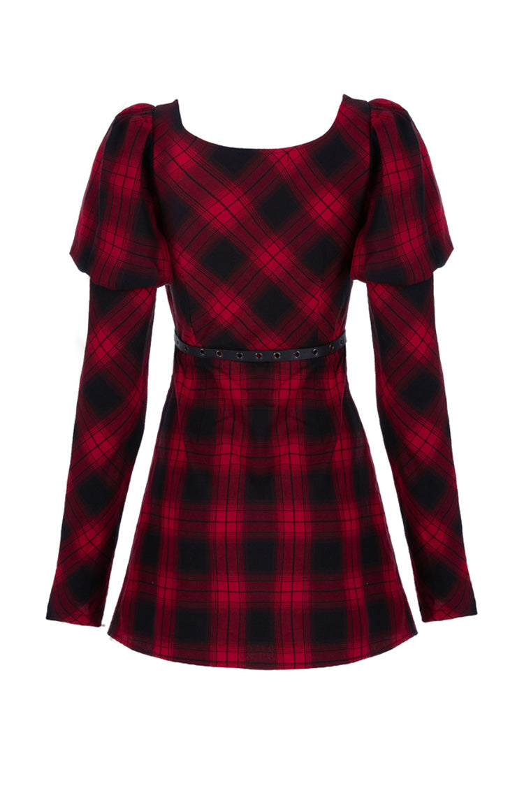 Lattice High Waist Long Sleeve Steam Punk Belted Dress - Black/Red