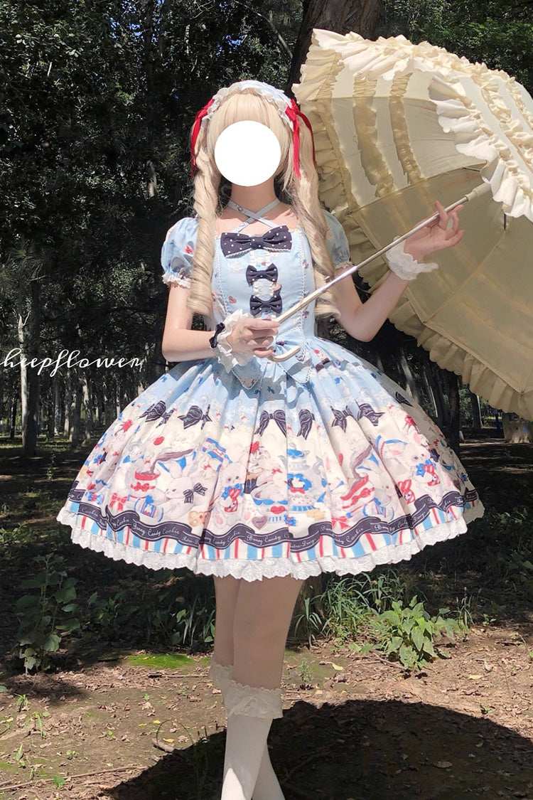 Square Collar Short Sleeve Print Ruffle Sweet Lolita Dress Blue