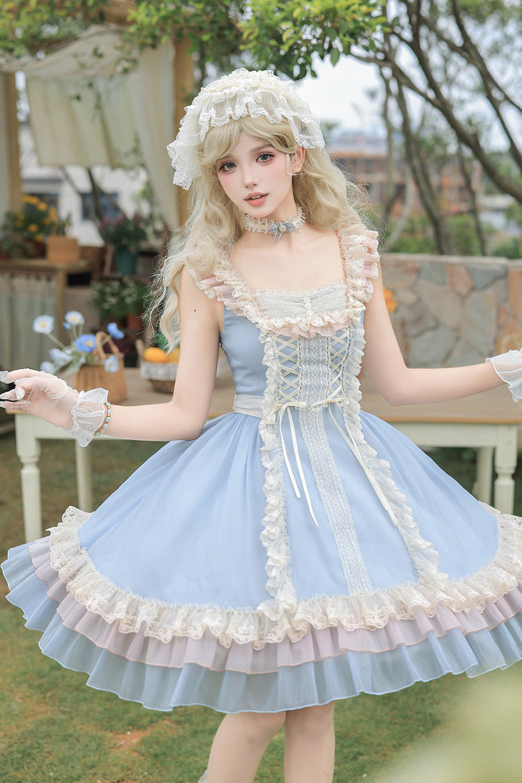 Island Diary Square Collar Flutter Sleeves Triple-Layered Ruffled Lace-Up Sweet Lolita Jsk Dress 2 Versions - Blue