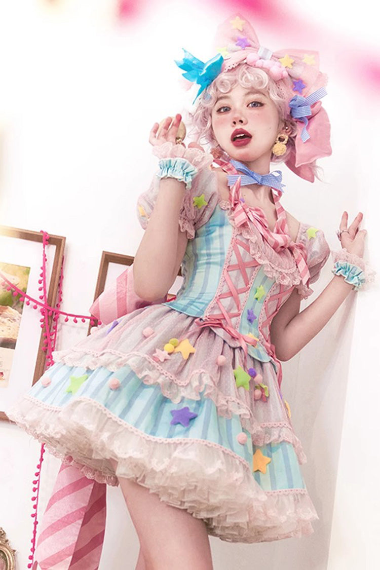 Pink Sugar Magic Print Ruffle Bow Lace Up Sweet Lolita Dress