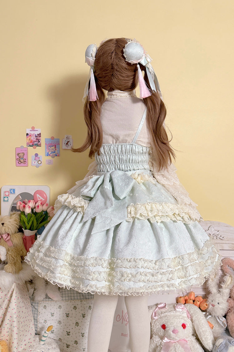 Good Night Peach Sleeveless Multi-Tiered Ruffled Bow Lace Sweet Chinese Style Lolita Jumper Dress Three Colors