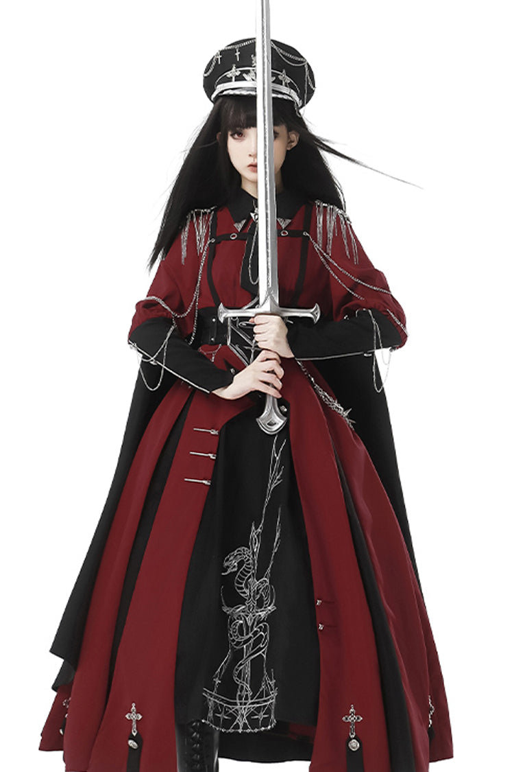 Red Black Metal Chain Print Bow Gothic Military Elegant Lolita Dress