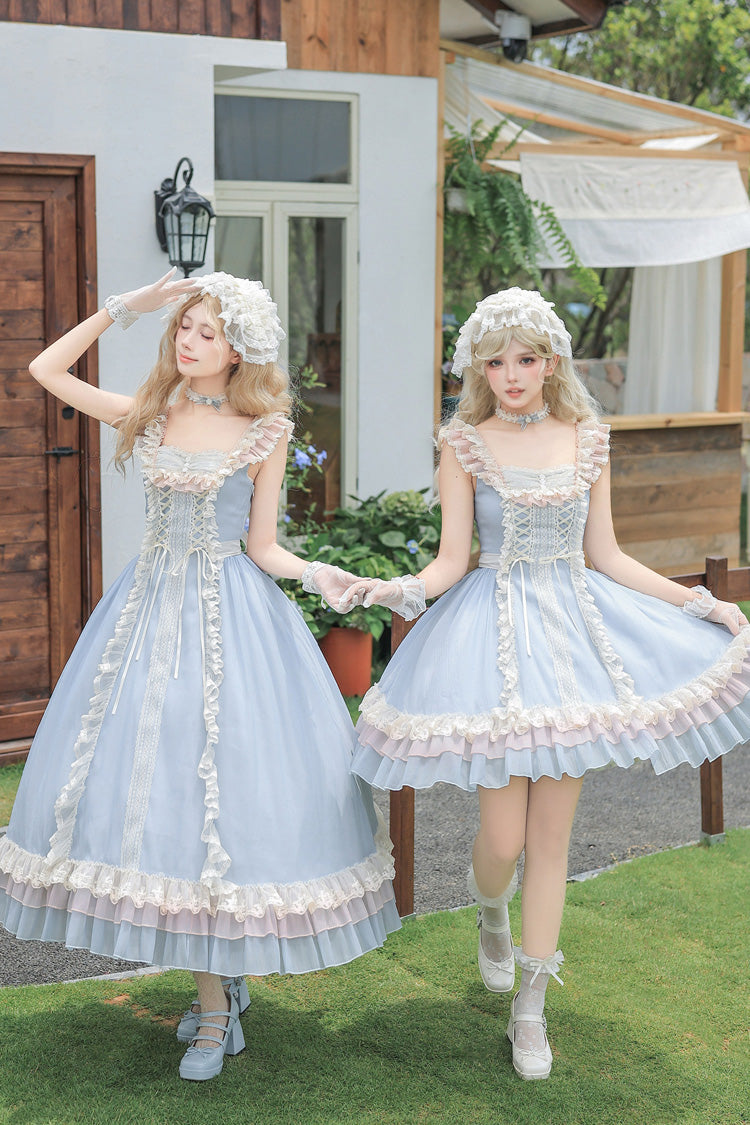 Island Diary Square Collar Flutter Sleeves Triple-Layered Ruffled Lace-Up Sweet Lolita Jsk Dress 2 Versions - Blue
