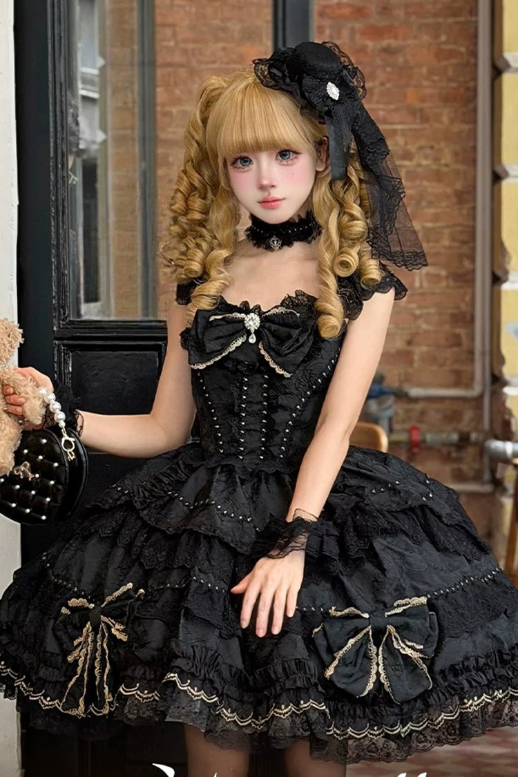 Charcoal Square Collar Layered Jacquard Bow Lace JSK - Day and Night Duality