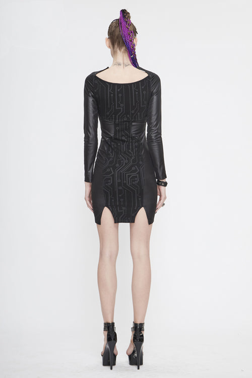 Circuit Board Print Waist Rope Long-Sleeve Punk Dress