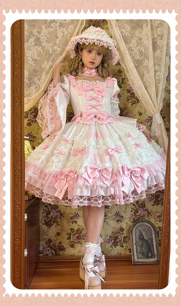 with Sweet Accents High Sleeves White Pink Waist Dress Princess Detachable Bow Lolita