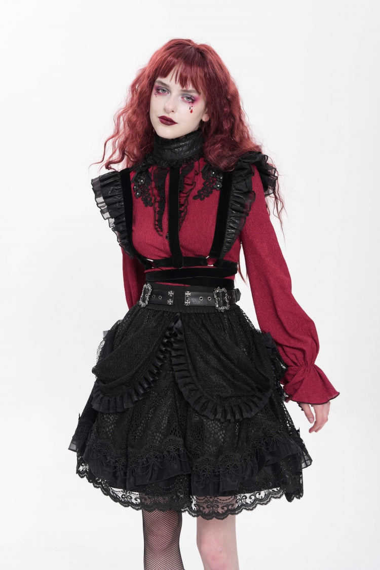 Gothic Skirt with Ruffle and Buckle Straps, Black