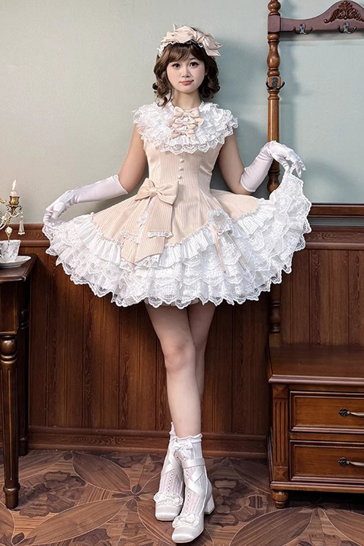 Champagne Asymmetric Lace Bow Sleeveless Multi-Layer Ruffle Sweet Lolita Dress - Miss Tsundere