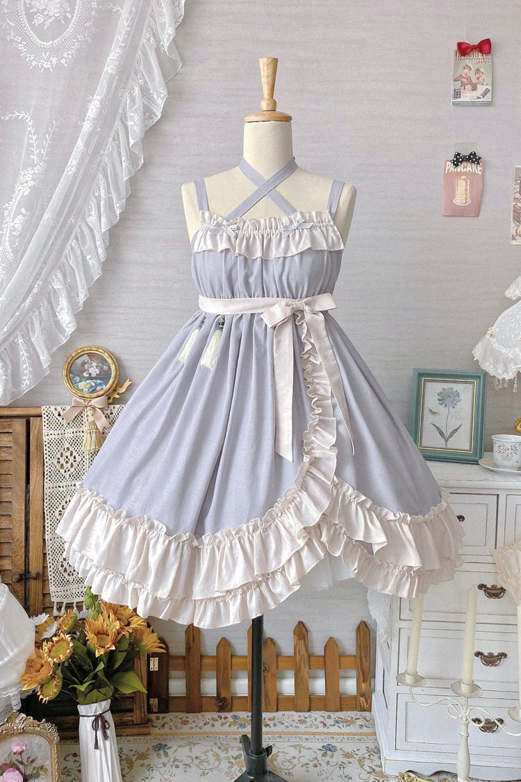 Sleeveless High Waist Ruffle Bow Asymmetric Sweet Lolita Jumper Dress - Grey