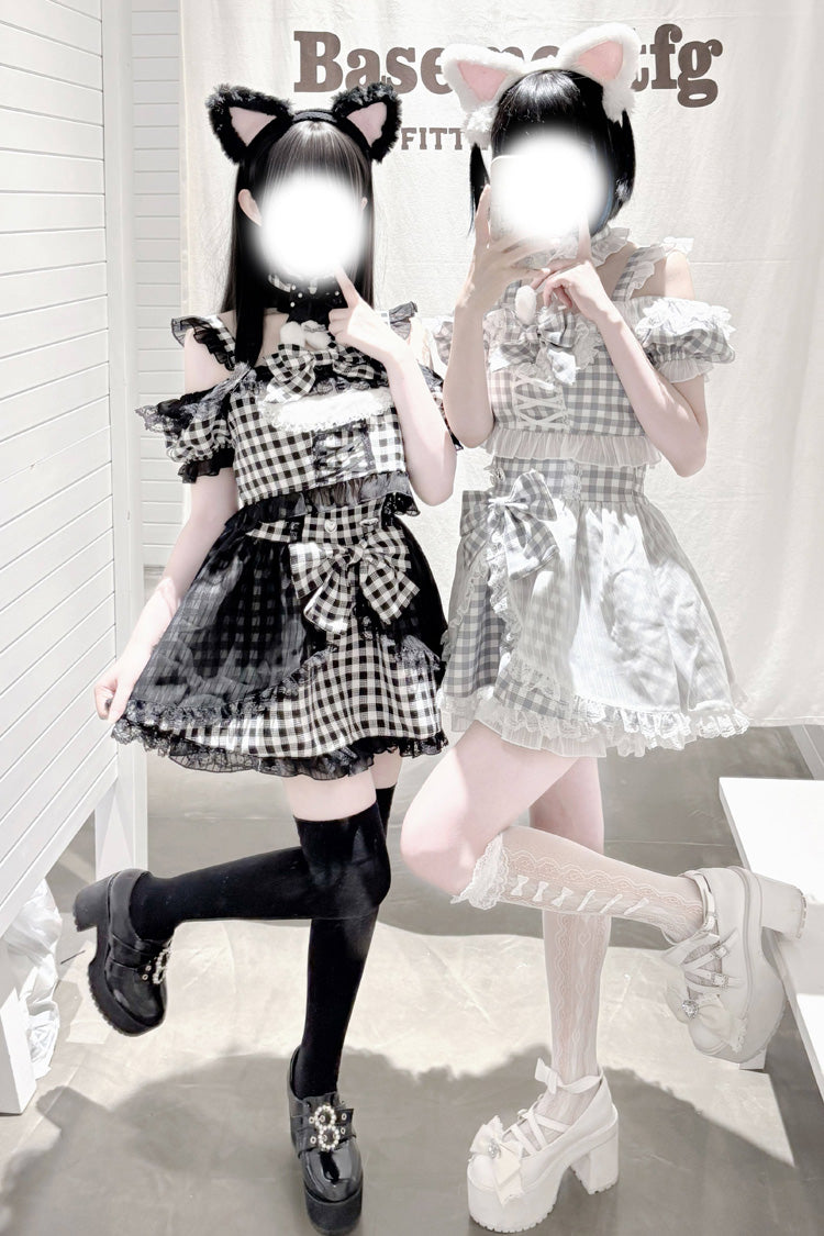 Jirai Kei Skirt Set with Plaid Print and Lace-Up Front - Night Rabbit Dream, Short Sleeves