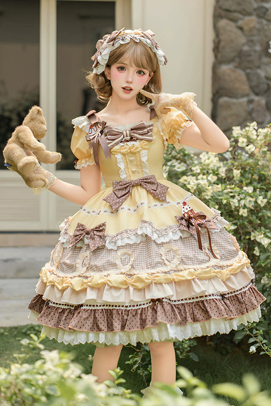 Polka Dot Cake Multi-Layered Printed Ruffled Sweet Lolita OP - Yellow/Brown