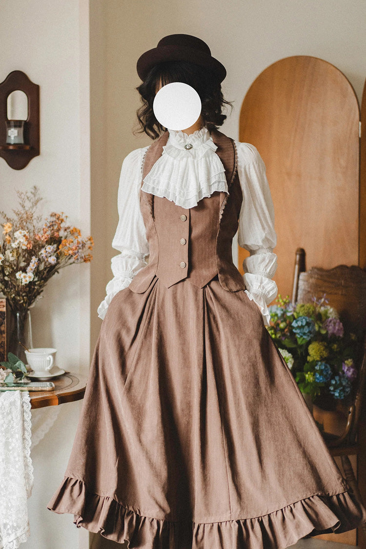 Ivory Misty Forest Stand Collar Long Sleeve Ruffle Vintage Elegant Blouse