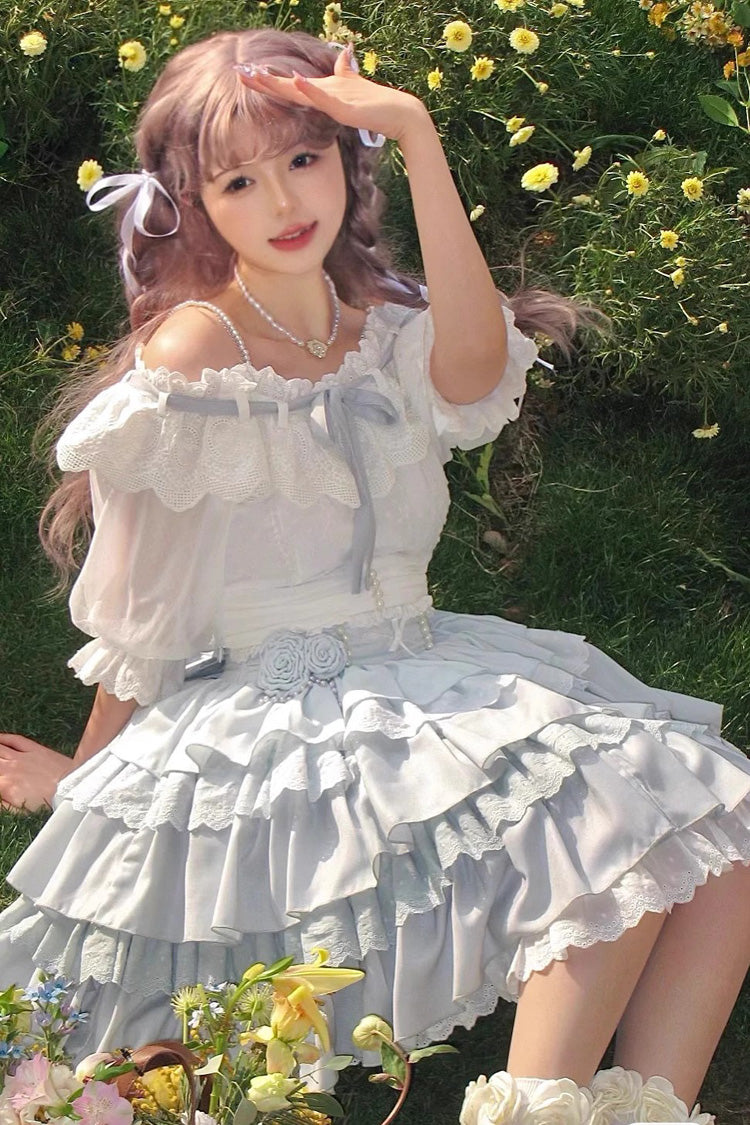 White/Blue Floral Ruffle Lolita Skirt Set - Sweet Lolita