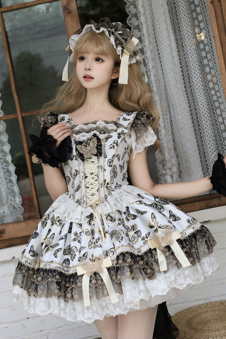 Cream Sleeveless Print Ruffle Bowknot Lace-Up Sweet Princess JSK Dress Set