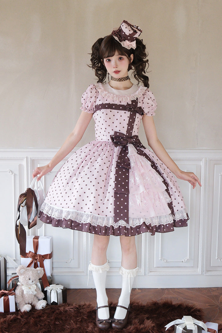 Canelé Gift Box Round Collar Short Sleeves Double-Layered Printed Polka Dot Ruffled Open-Front Bow Asymmetric Sweet Lolita Dress - Pink