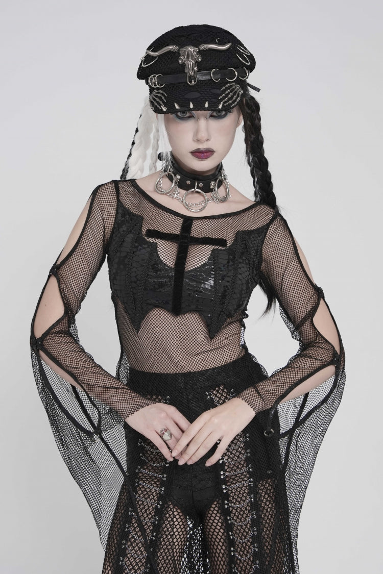 Noir Crewneck Long-Sleeve Sheer Eyelet Punk Bat Cross Mesh Tee for Women