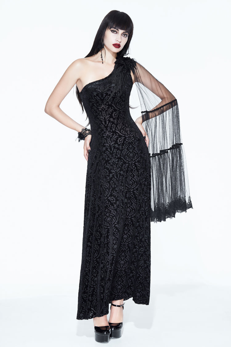 Feather Lace Velvet Gothic Dress with One Shoulder