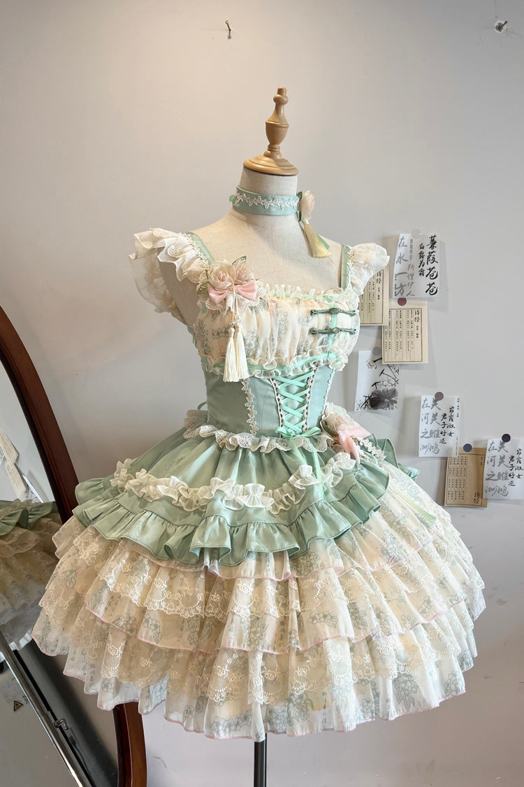 Ancient Poetry Printed Multi-Layer Sweet Lolita Tiered Dress - Chinese Style