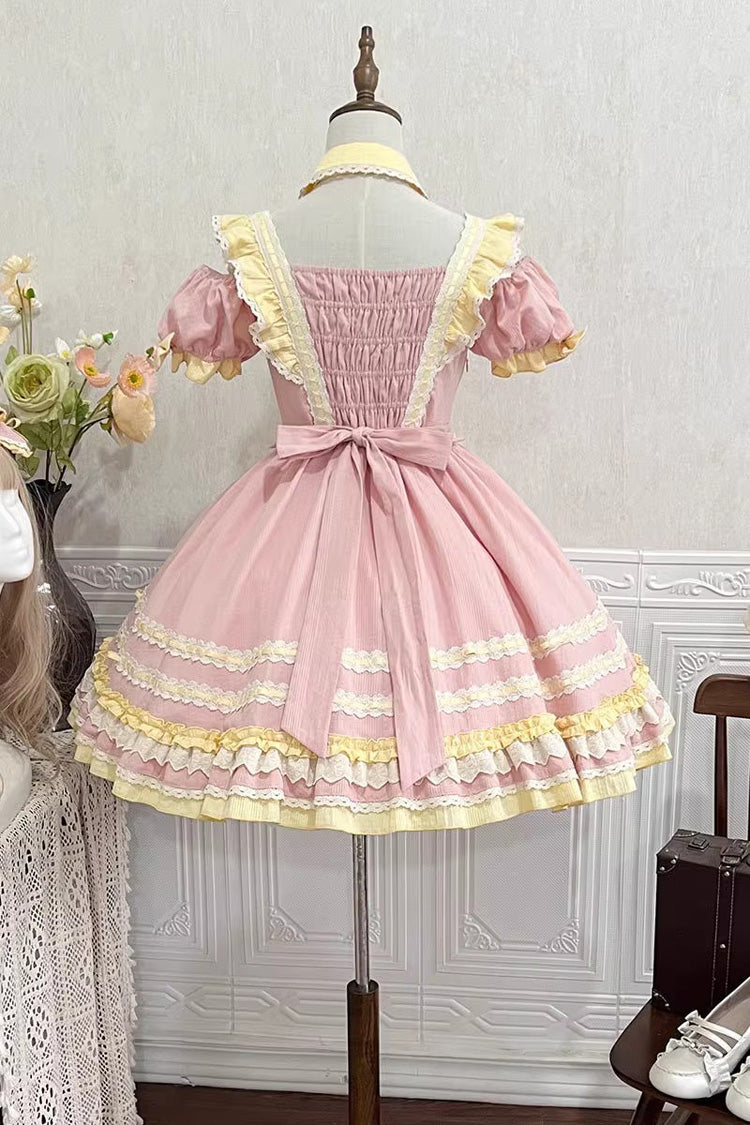 Pink Tulip Print Short-Sleeve Ruffle Bow Sweet Lolita Dress