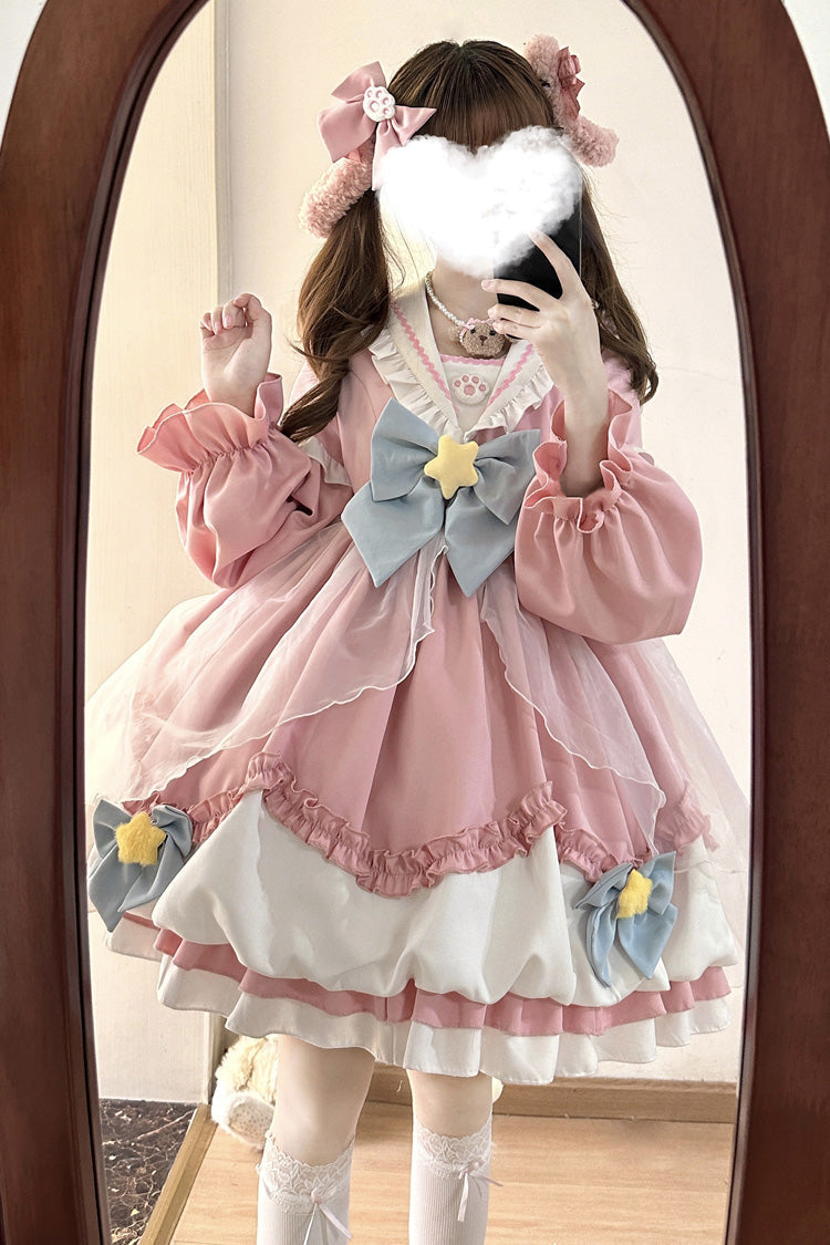 Pray Star Sweet Lolita Dress with Double Ruffles and Stitching