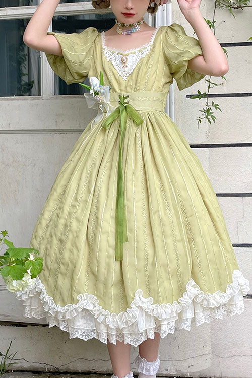 Green Square Collar Short Sleeve Multi-Layer Ruffled Classic Lolita OP Dress - Altfashion Shop