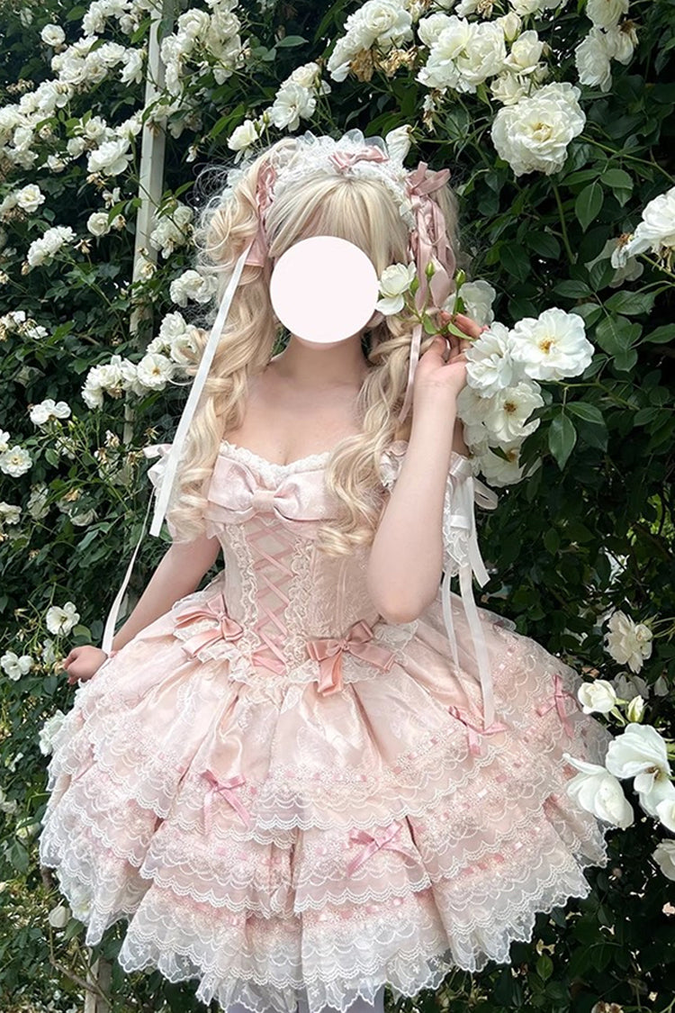Pink Sleeveless Ruffled Bow Lace-Up Sweet Elegant JSK - Flora Isle Butterfly