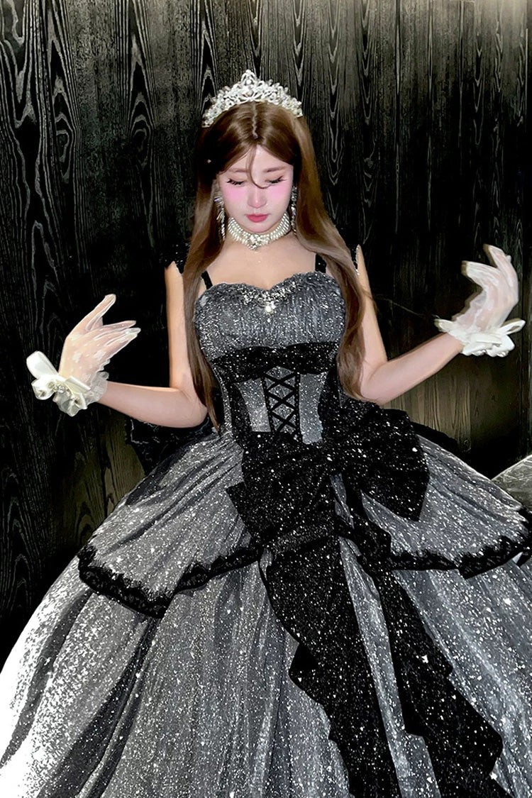 Asymmetric Glitter Bow Jsk Dress - Galaxy of Fallen Tears