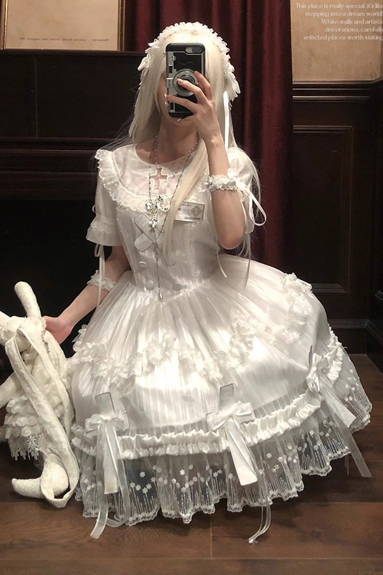 White Short-Sleeved Ruffled Bow Lace Gothic Elegant Lolita Dress