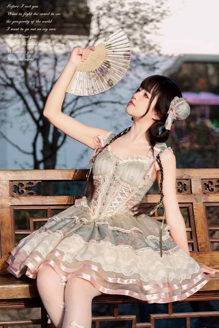 Green Multi-Layer Printed Elegant Lolita JSK Dress - Bowknot Ruffled