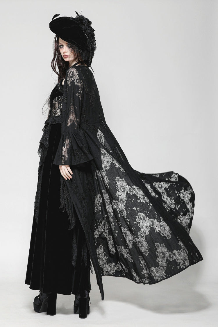 Jet-Black Elegant Robe with Lace Trim and Lacing for Women