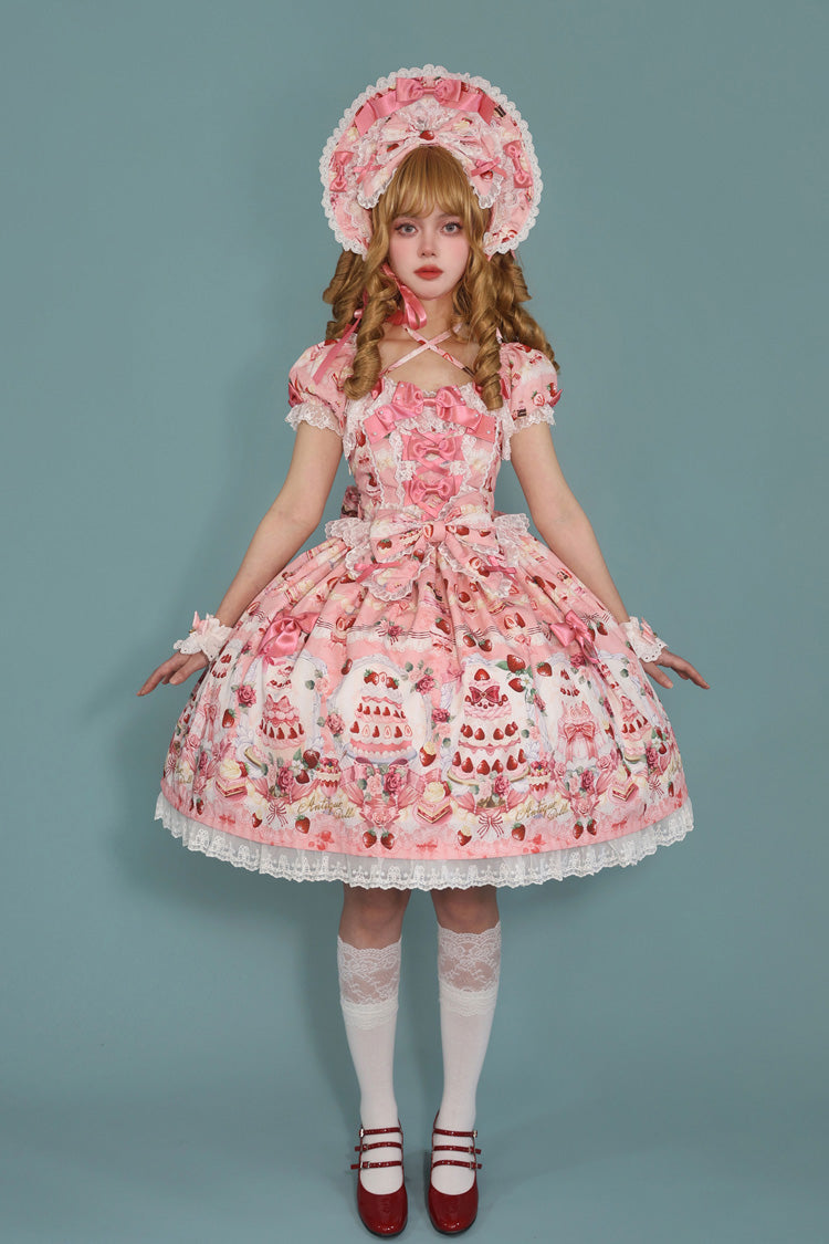 Square Collar Bowknot Lace Sweet Dress with Short Sleeves - Strawberry Cake Bouquet
