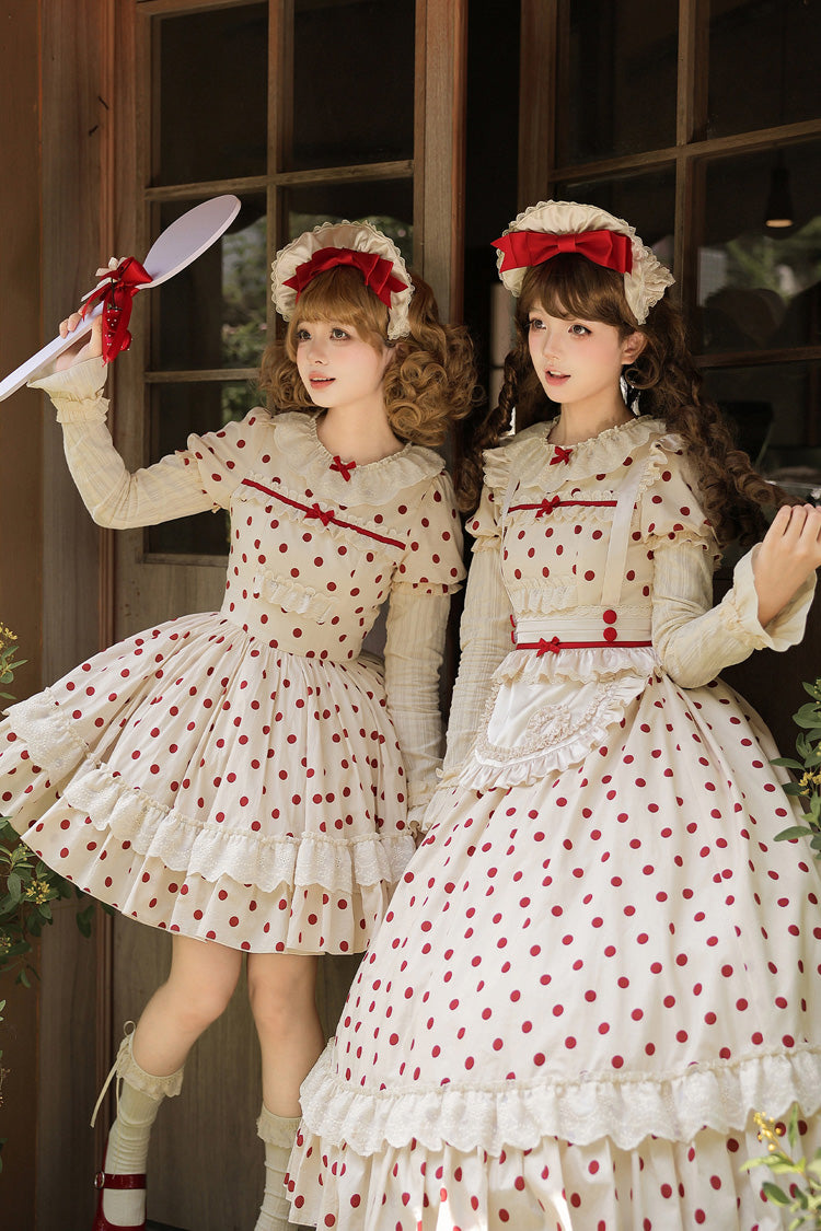 Apricot Sweet Elegant Lolita Dress with Cotton Round Collar Long Lantern Sleeves Polka Dot Print Ruffled Bow Lace