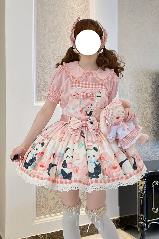 Panda Peach Printed Bow Sweet Lolita Strap Dress