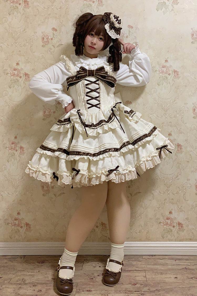 Double-Layered Ruffle Bowknot Sweet Plus Size Ivory Chocolate Sleeveless Jsk Dress