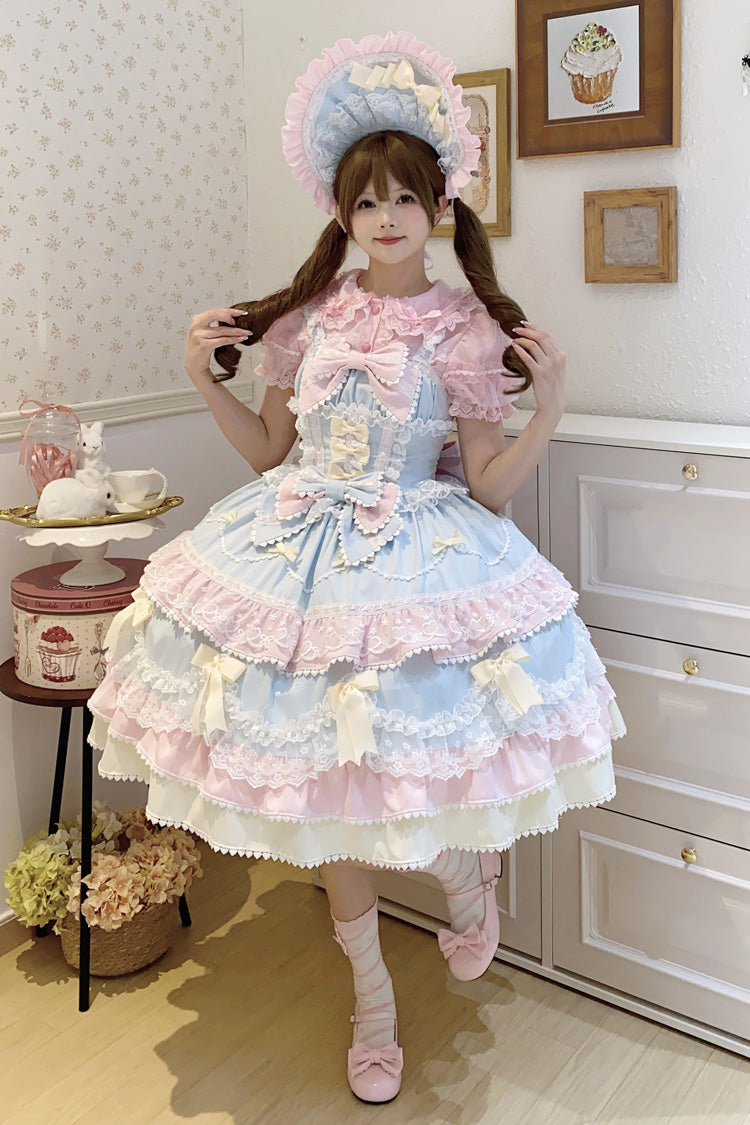 Blue Pink Fondant Cake Sleeveless Layered Ruffle Bow Lace Sweet Jsk Dress