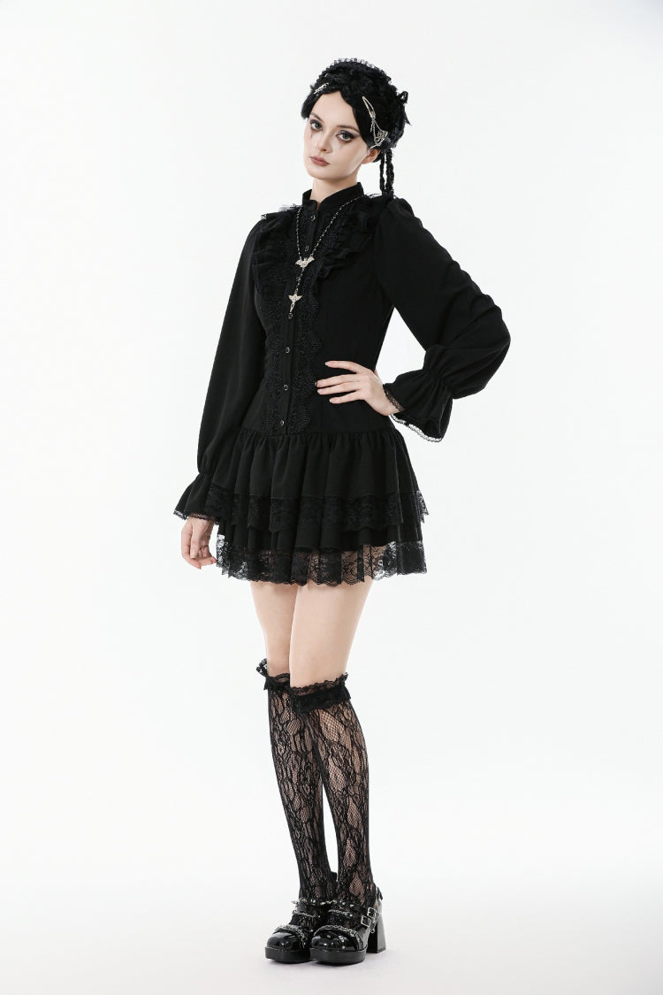 Jet-Black Lace-Up Dress with Bishop Sleeves and Layered Hem