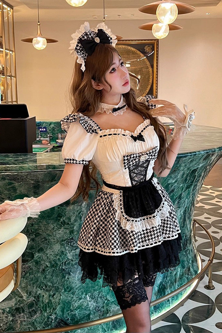Black/White Square Collar Short Sleeve Print Ruffle Bow Maid Dress
