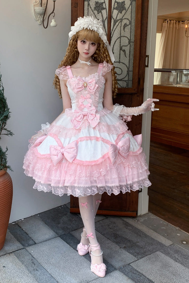 Ivory & Pink Square Collar Multi-Layer Ruffled Bow Lace Sweet Lolita JSK