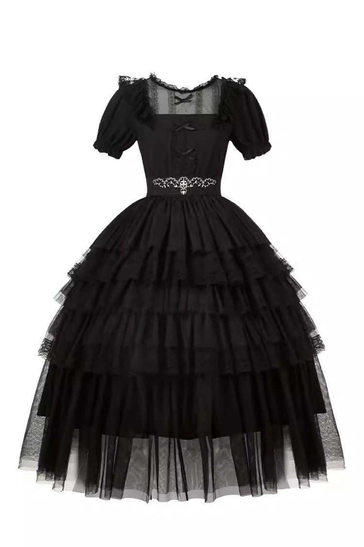 Black Gothic Dress with Five-Tiered Ruffle Sleeves