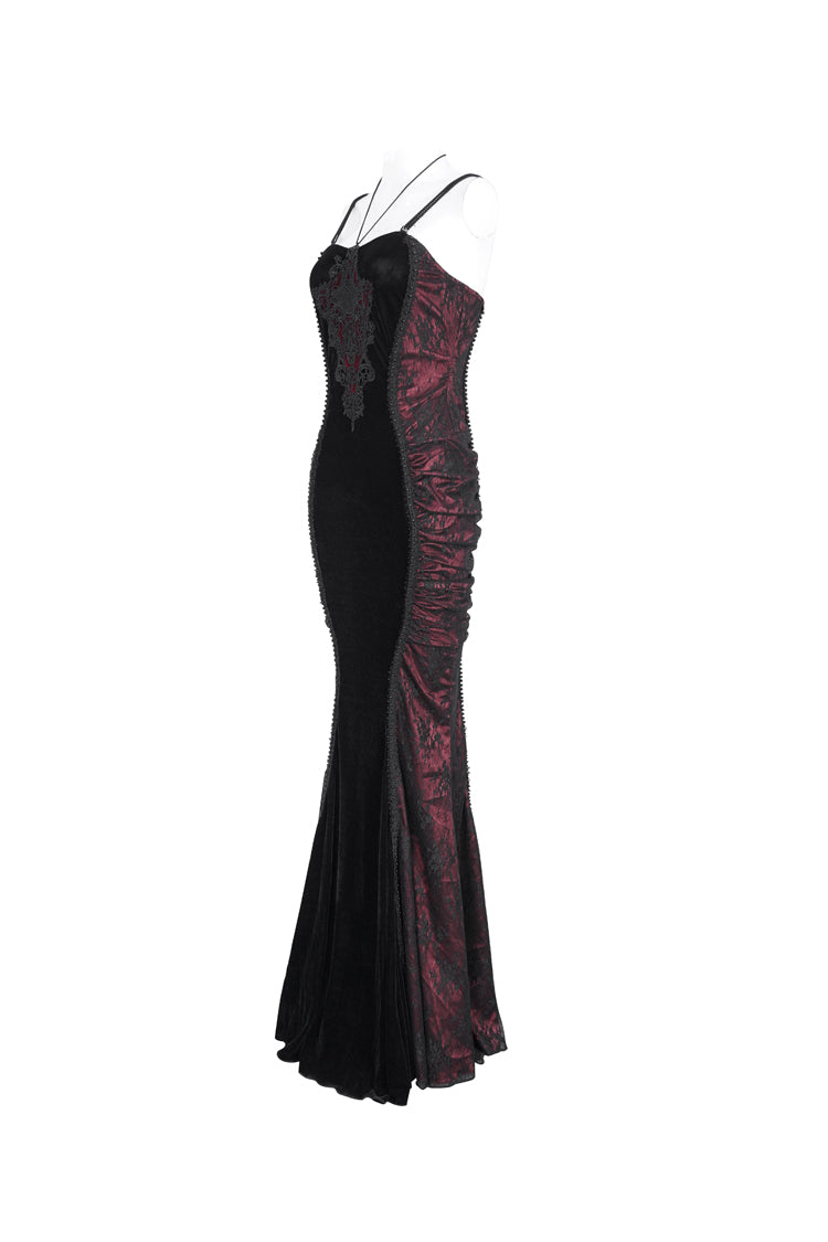 Crimson & Noir High-Waist Embroidered Gothic Dress with Elegant Stitching