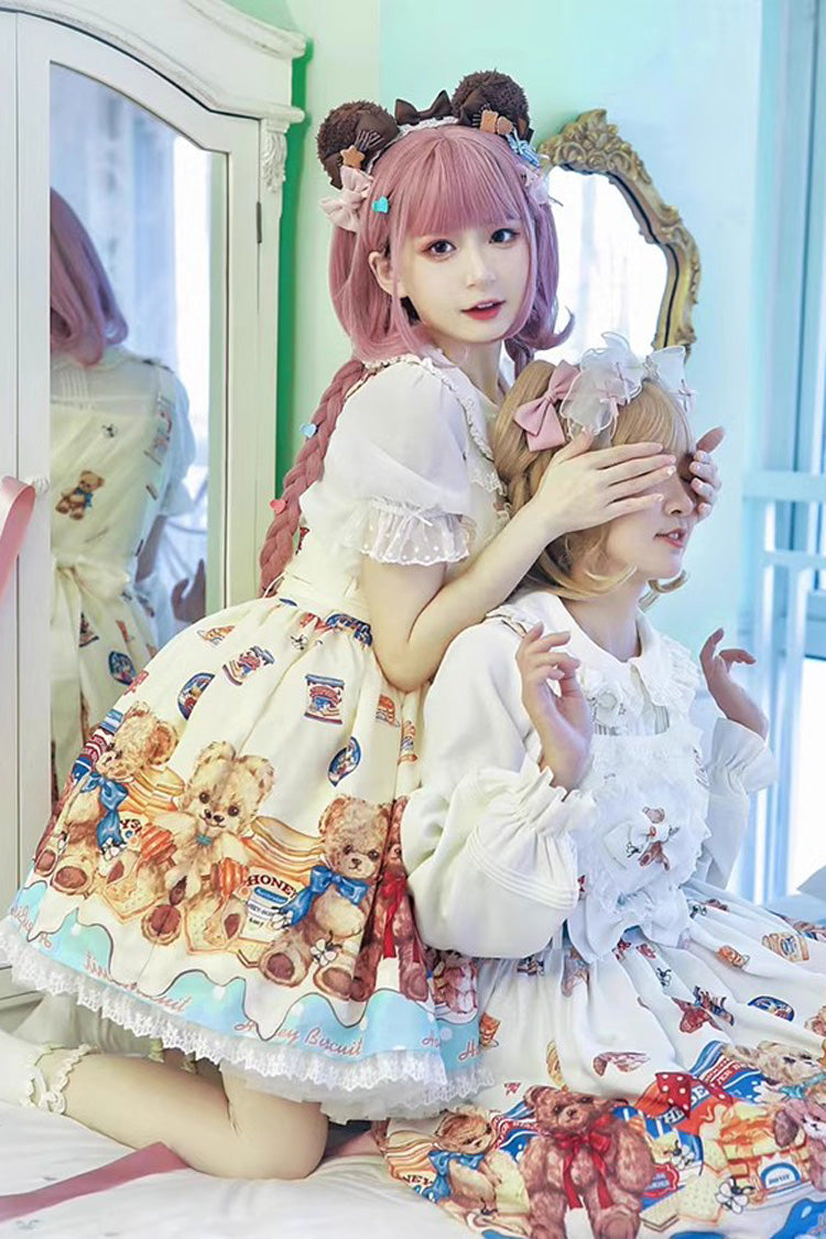Honey Bear Cafe Printed Bow Lace Sweet Lolita JSK Dress