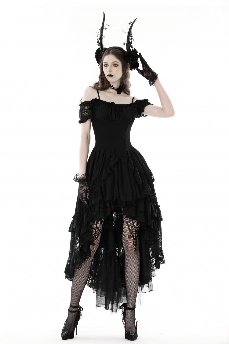 Black Boat Neck Off-Shoulder Short Puff Sleeve Ruffled Lace Lace-Up Irregular Gothic Dress