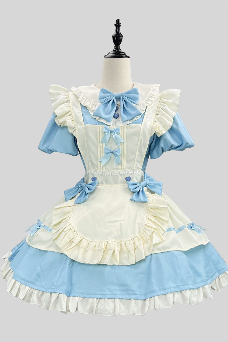 Cerulean and Ivory Short Sleeve Ruffled Bow Lace Plus Size Sweet Maid Lolita Mini Dress