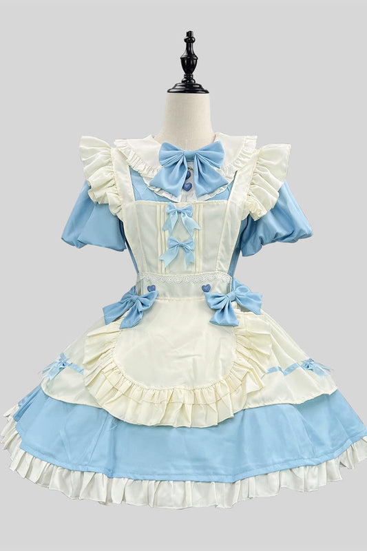 Cerulean and Ivory Short Sleeve Ruffled Bow Lace Plus Size Sweet Maid Lolita Mini Dress