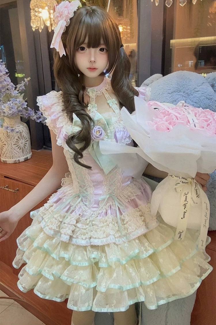 Flower Language of Eros Violet Halterneck Ruffle Bowknot Rose Lace-Up Ballet Lolita JSK - Flower Language of Eros
