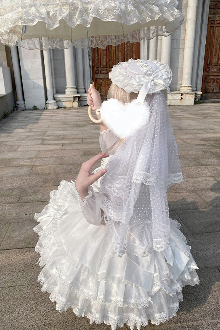 Ivory Double Ruffle Bow Lace Lace-Up Sweet Ballet JSK