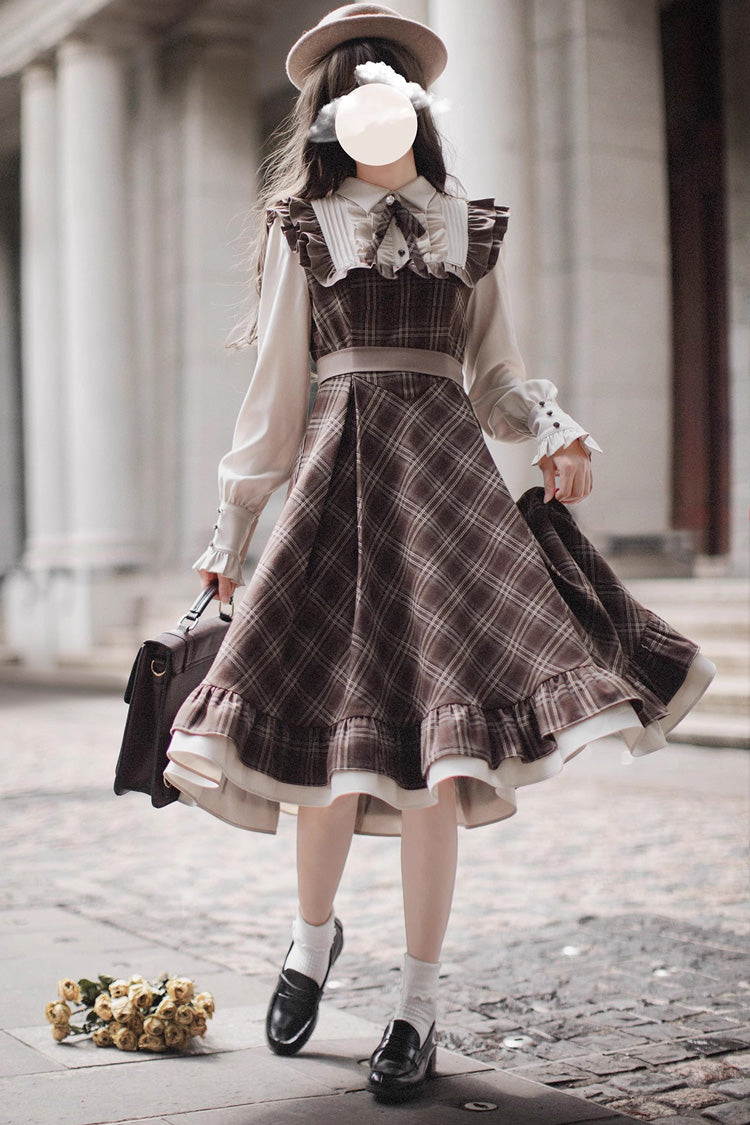 Brown Print Long Sleeve Fake Two Piece Vintage College Dress - The Thames at Dusk