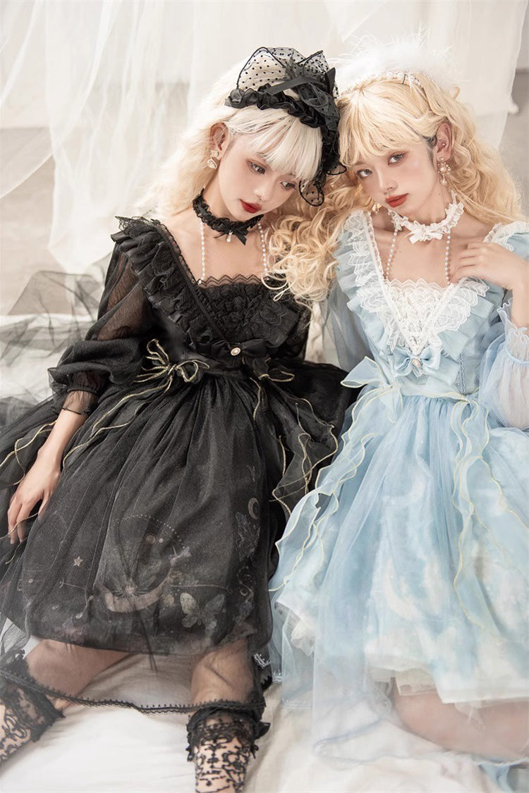 Blue Planet Butterfly Printed Ruffled Sweet Lolita Dress - High-Waisted
