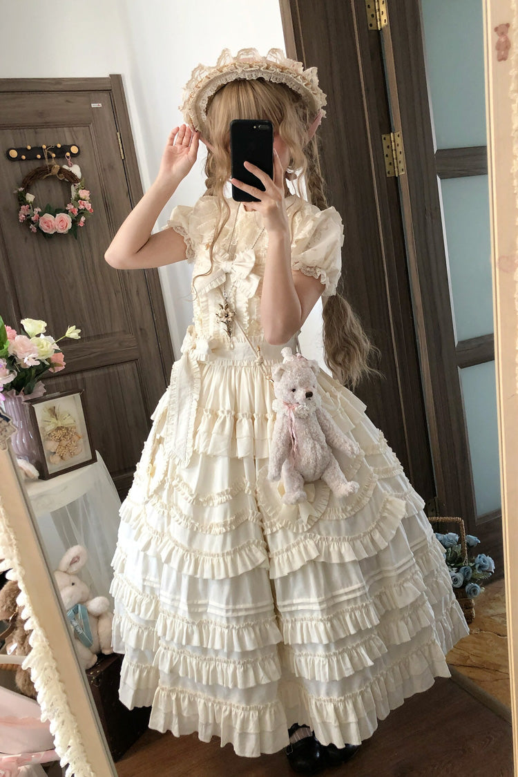 Apricot Sweet Lolita JSK Dress with Multi-Layer Ruffles and Bow Accents